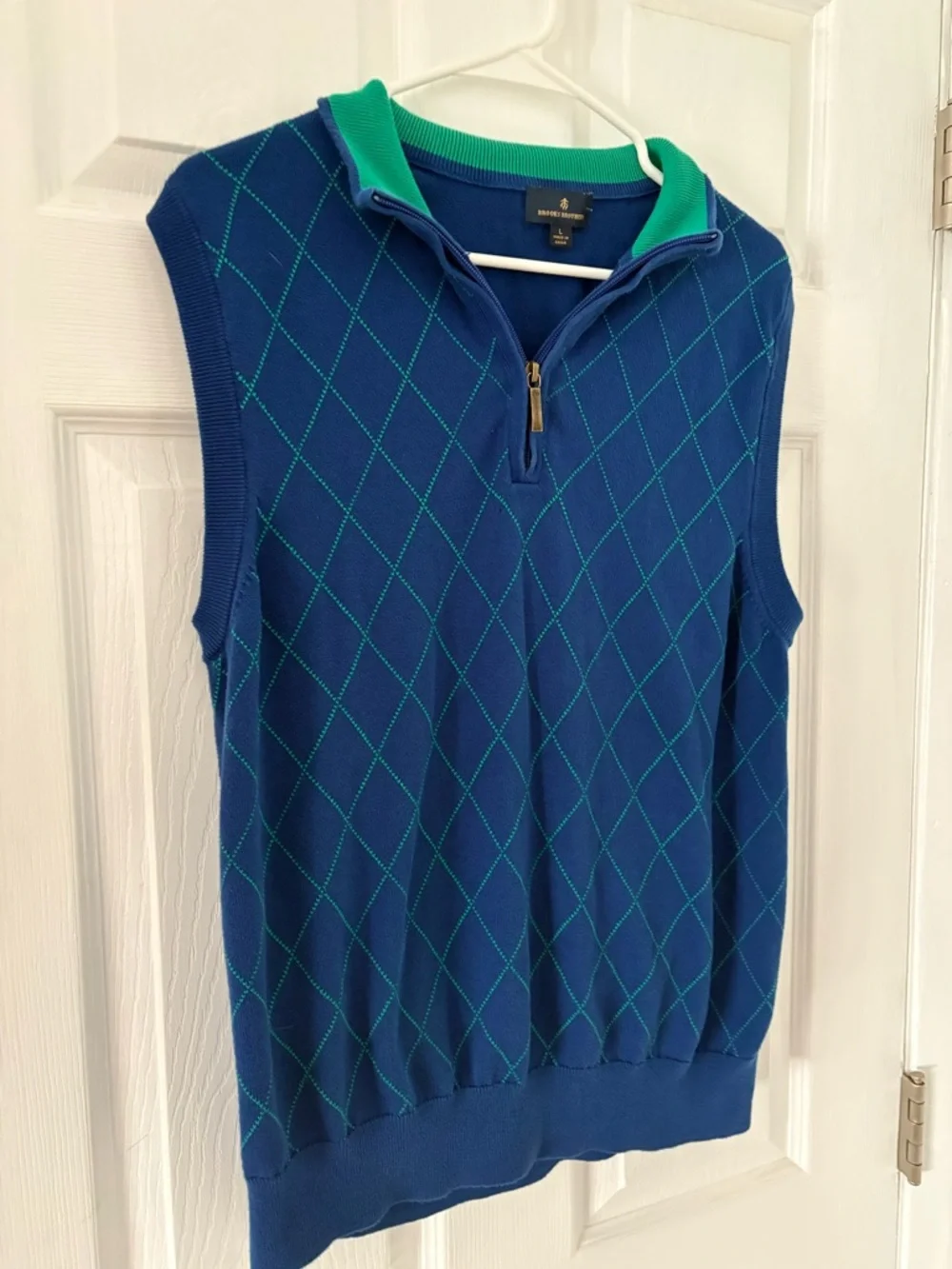 Brooks Brothers Argyle Sweater Vest Blue Green 1/4 Zip Preppy Golf Size L - Picture 4 of 6